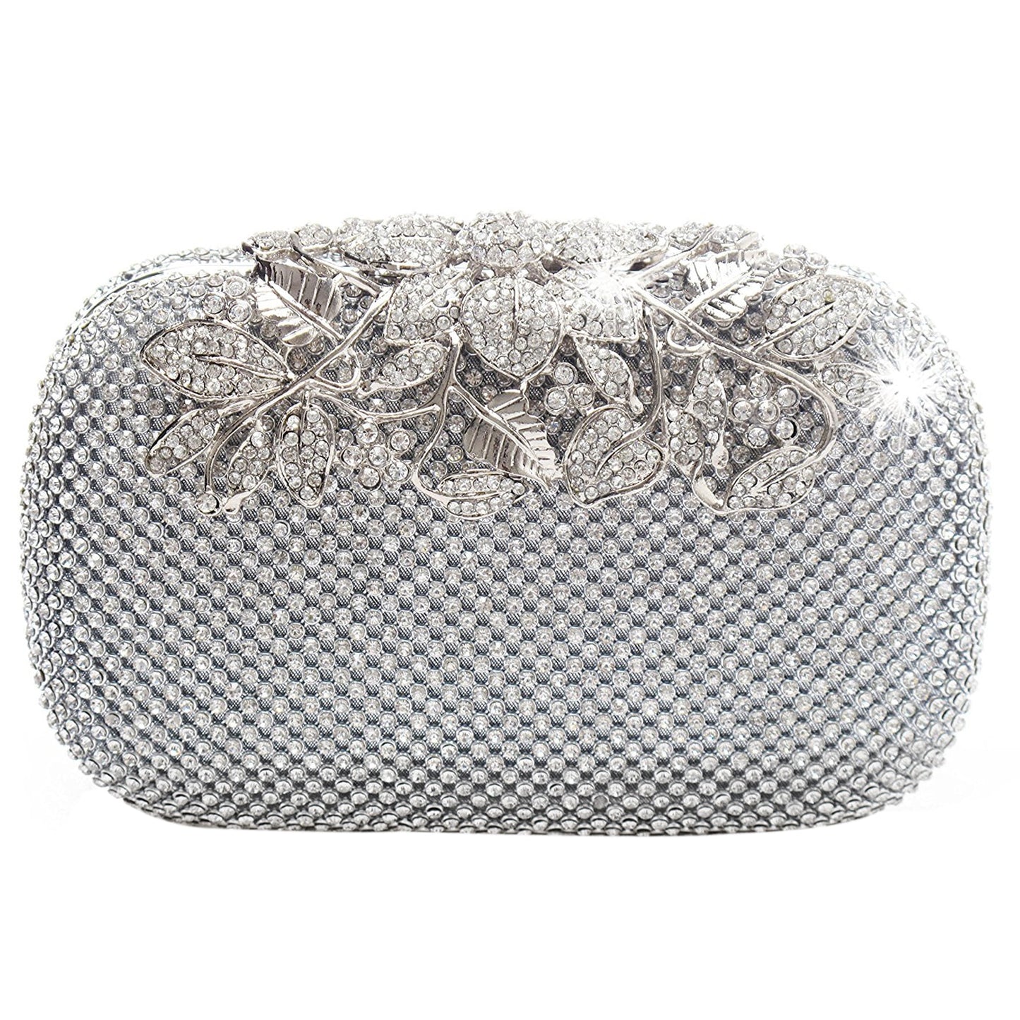 Crystal Clutch Purse Silver Rhinestone Evening Bag,  Embodying elegance and sophistication, this evening bag boasts a stunning floral clasp ad
